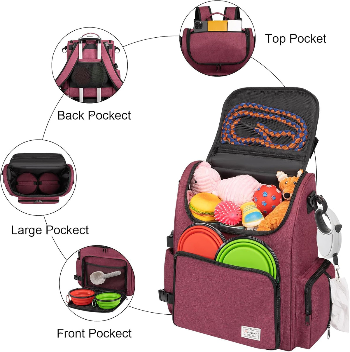 Multi-Compartment Dog Travel Backpack for Pet Supplies, Rose Red | Dog Travel Accessories Organizer with 2 Food Bags, 2 Bowls, Quick-Access Pockets, Tissue Opening, Luggage Sleeve, Feeding Mat