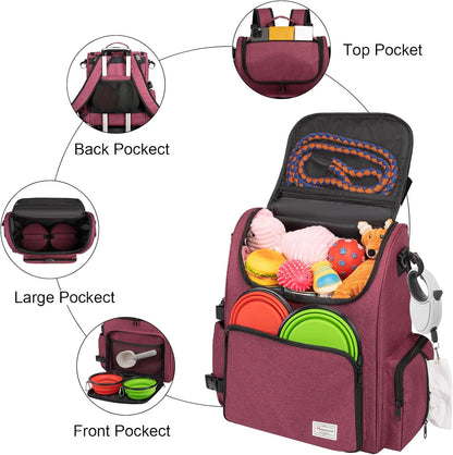 Multi-Compartment Dog Travel Backpack for Pet Supplies, Rose Red | Dog Travel Accessories Organizer with 2 Food Bags, 2 Bowls, Quick-Access Pockets, Tissue Opening, Luggage Sleeve, Feeding Mat