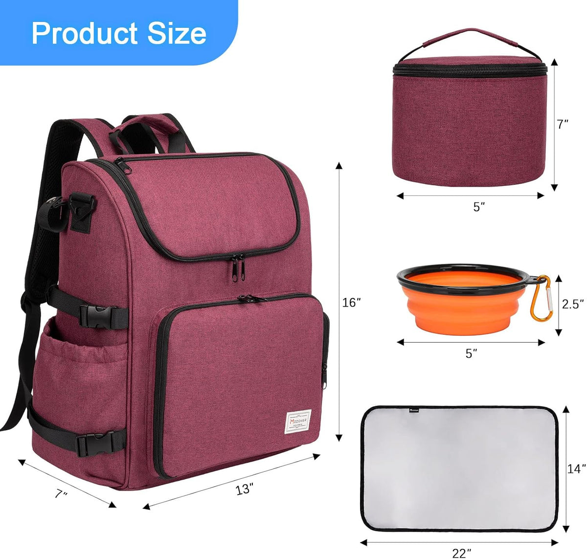 Multi-Compartment Dog Travel Backpack for Pet Supplies, Rose Red | Dog Travel Accessories Organizer with 2 Food Bags, 2 Bowls, Quick-Access Pockets, Tissue Opening, Luggage Sleeve, Feeding Mat
