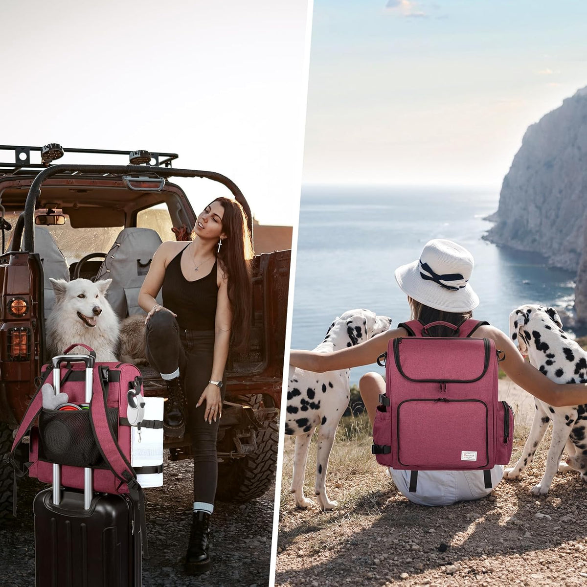 Multi-Compartment Dog Travel Backpack for Pet Supplies, Rose Red | Dog Travel Accessories Organizer with 2 Food Bags, 2 Bowls, Quick-Access Pockets, Tissue Opening, Luggage Sleeve, Feeding Mat