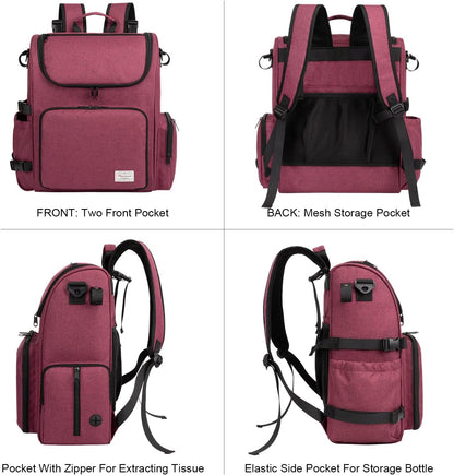 Multi-Compartment Dog Travel Backpack for Pet Supplies, Rose Red | Dog Travel Accessories Organizer with 2 Food Bags, 2 Bowls, Quick-Access Pockets, Tissue Opening, Luggage Sleeve, Feeding Mat