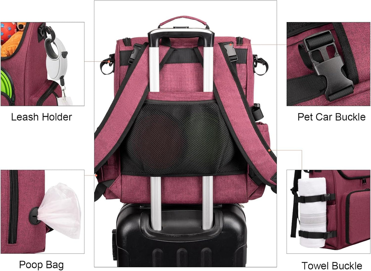 Multi-Compartment Dog Travel Backpack for Pet Supplies, Rose Red | Dog Travel Accessories Organizer with 2 Food Bags, 2 Bowls, Quick-Access Pockets, Tissue Opening, Luggage Sleeve, Feeding Mat