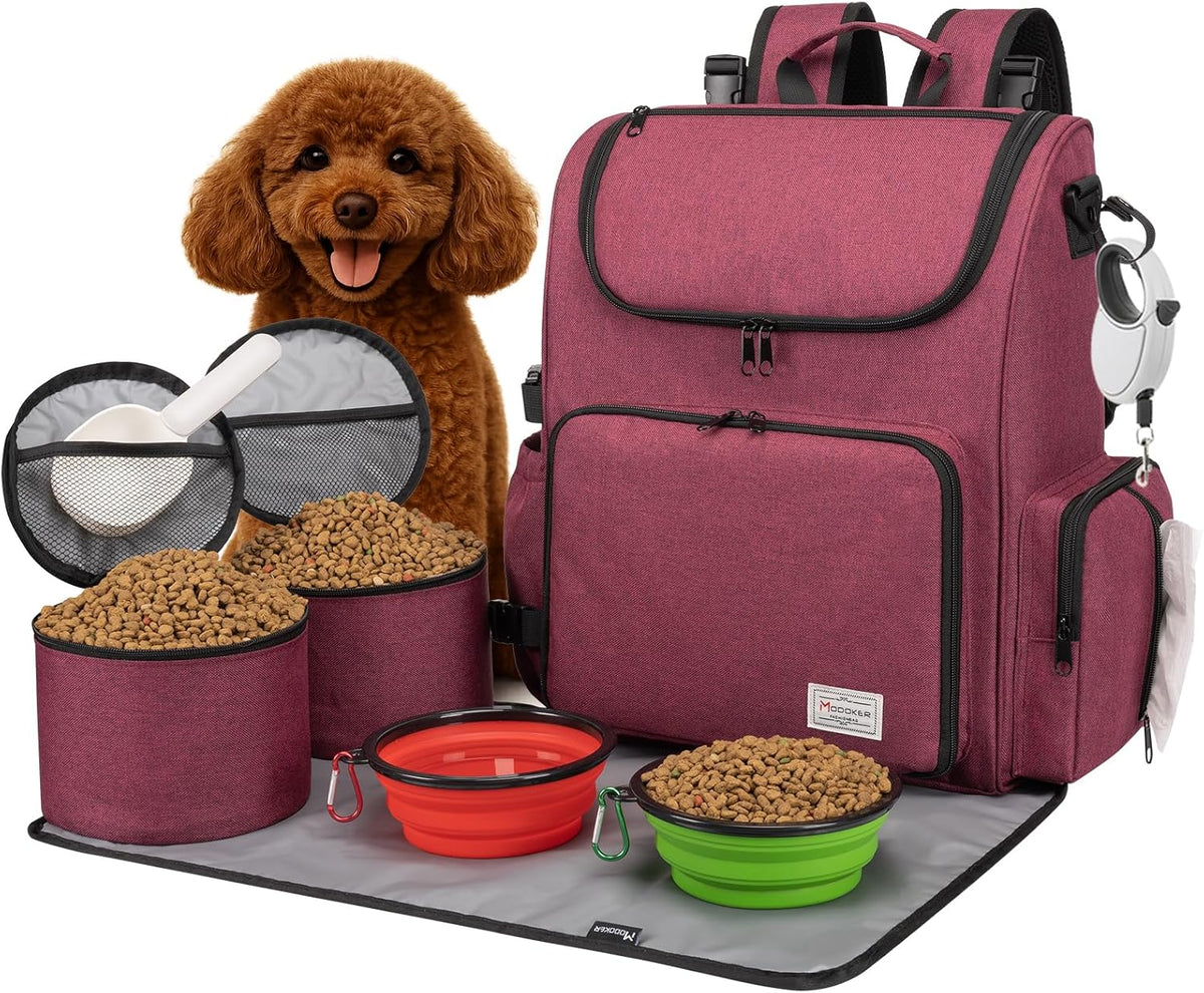 Multi-Compartment Dog Travel Backpack for Pet Supplies, Rose Red | Dog Travel Accessories Organizer with 2 Food Bags, 2 Bowls, Quick-Access Pockets, Tissue Opening, Luggage Sleeve, Feeding Mat