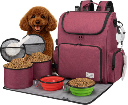 Multi-Compartment Dog Travel Backpack for Pet Supplies, Rose Red | Dog Travel Accessories Organizer with 2 Food Bags, 2 Bowls, Quick-Access Pockets, Tissue Opening, Luggage Sleeve, Feeding Mat
