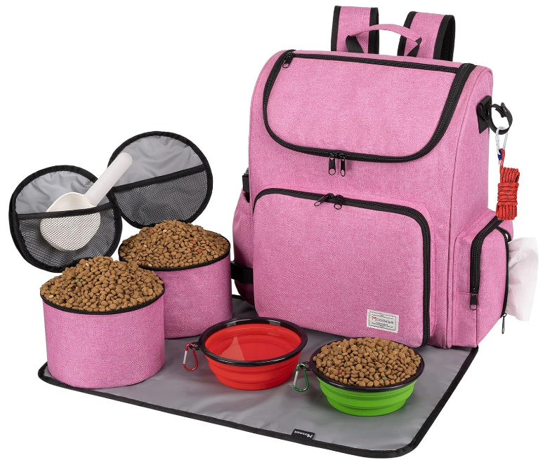 Multi-Compartment Dog Travel Backpack for Pet Supplies, pink | Dog Travel Accessories Organizer with 2 Food Bags, 2 Bowls, Quick-Access Pockets, Tissue Opening, Luggage Sleeve, Feeding Mat