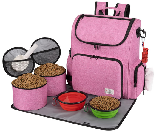 Multi-Compartment Dog Travel Backpack for Pet Supplies, pink | Dog Travel Accessories Organizer with 2 Food Bags, 2 Bowls, Quick-Access Pockets, Tissue Opening, Luggage Sleeve, Feeding Mat