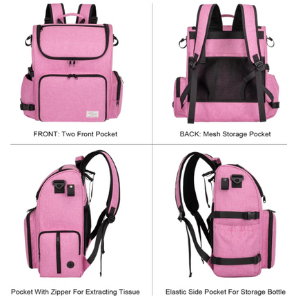 Multi-Compartment Dog Travel Backpack for Pet Supplies, pink | Dog Travel Accessories Organizer with 2 Food Bags, 2 Bowls, Quick-Access Pockets, Tissue Opening, Luggage Sleeve, Feeding Mat