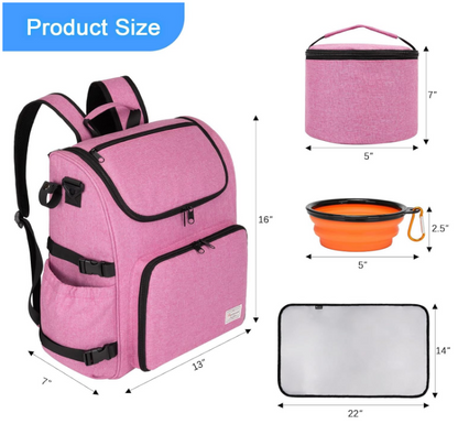 Multi-Compartment Dog Travel Backpack for Pet Supplies, pink | Dog Travel Accessories Organizer with 2 Food Bags, 2 Bowls, Quick-Access Pockets, Tissue Opening, Luggage Sleeve, Feeding Mat