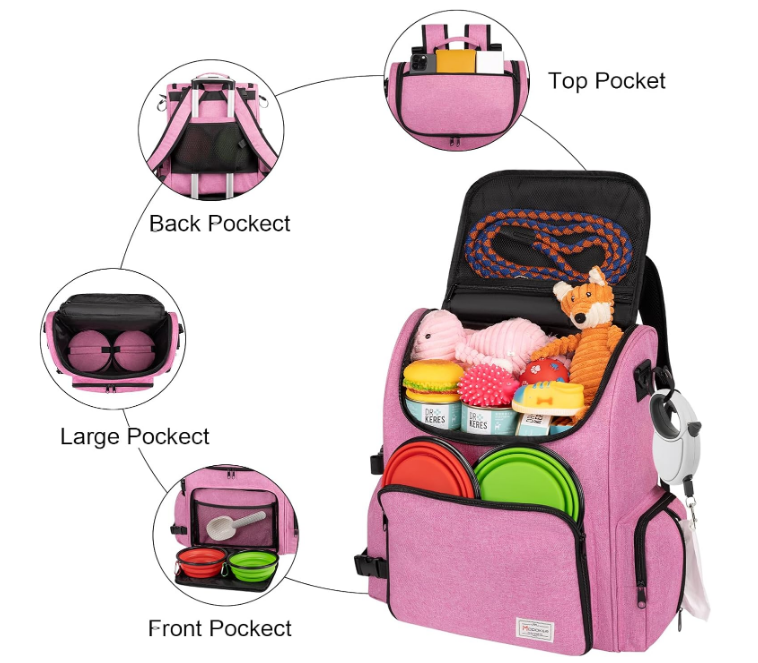 Multi-Compartment Dog Travel Backpack for Pet Supplies, pink | Dog Travel Accessories Organizer with 2 Food Bags, 2 Bowls, Quick-Access Pockets, Tissue Opening, Luggage Sleeve, Feeding Mat