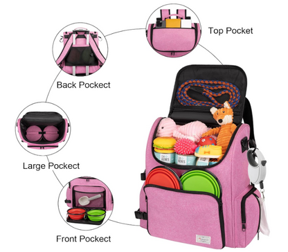 Multi-Compartment Dog Travel Backpack for Pet Supplies, pink | Dog Travel Accessories Organizer with 2 Food Bags, 2 Bowls, Quick-Access Pockets, Tissue Opening, Luggage Sleeve, Feeding Mat