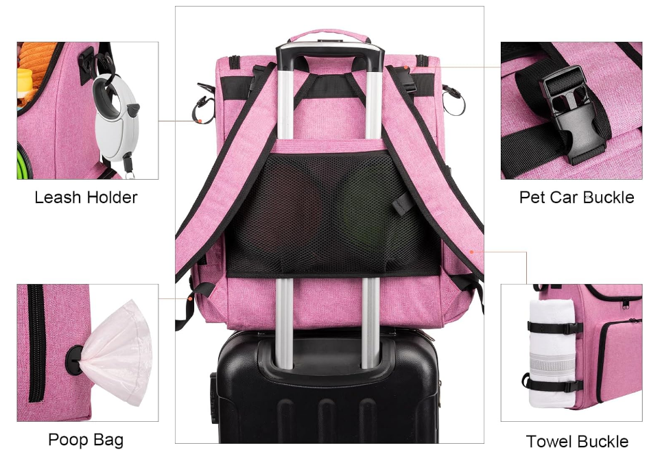 Multi-Compartment Dog Travel Backpack for Pet Supplies, pink | Dog Travel Accessories Organizer with 2 Food Bags, 2 Bowls, Quick-Access Pockets, Tissue Opening, Luggage Sleeve, Feeding Mat