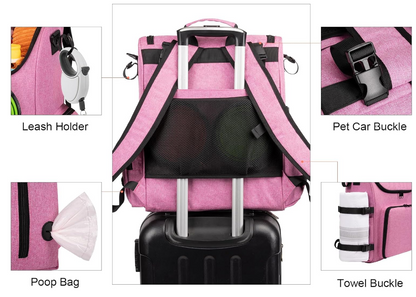 Multi-Compartment Dog Travel Backpack for Pet Supplies, pink | Dog Travel Accessories Organizer with 2 Food Bags, 2 Bowls, Quick-Access Pockets, Tissue Opening, Luggage Sleeve, Feeding Mat