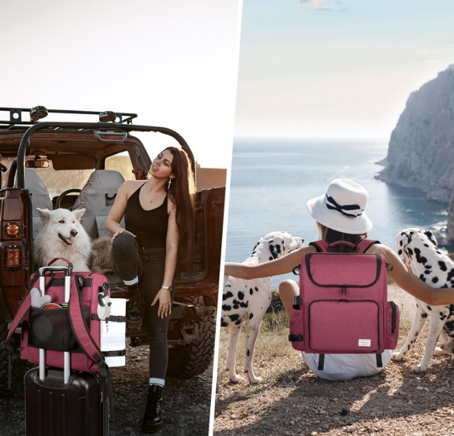 Multi-Compartment Dog Travel Backpack for Pet Supplies, pink | Dog Travel Accessories Organizer with 2 Food Bags, 2 Bowls, Quick-Access Pockets, Tissue Opening, Luggage Sleeve, Feeding Mat